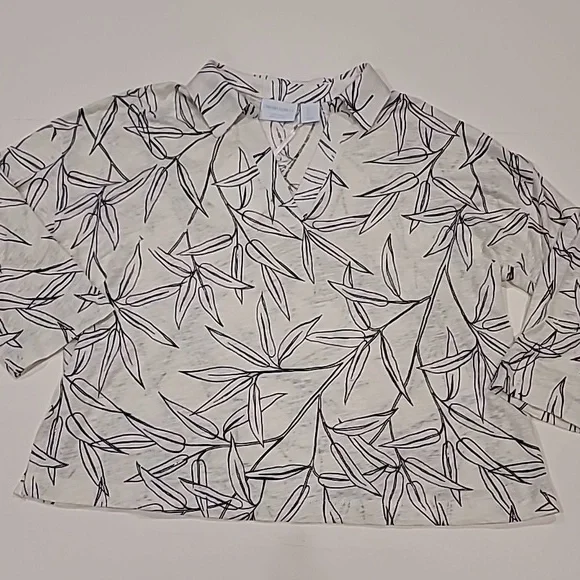 Cynthia Rowley Bamboo Leaf Print Three Quarter Sleeve Top Black Off White Large - Picture 2 of 9
